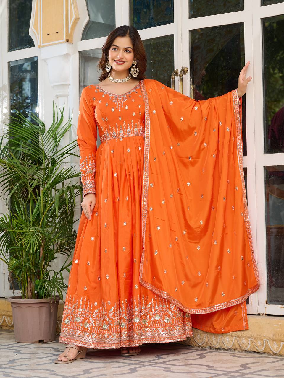 Women's American Silk Embroidered Gown Set with Pant and Dupatta