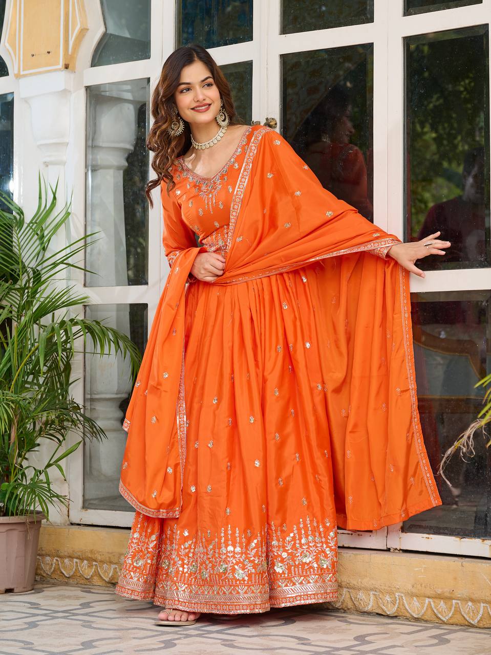 Women's American Silk Embroidered Gown Set with Pant and Dupatta