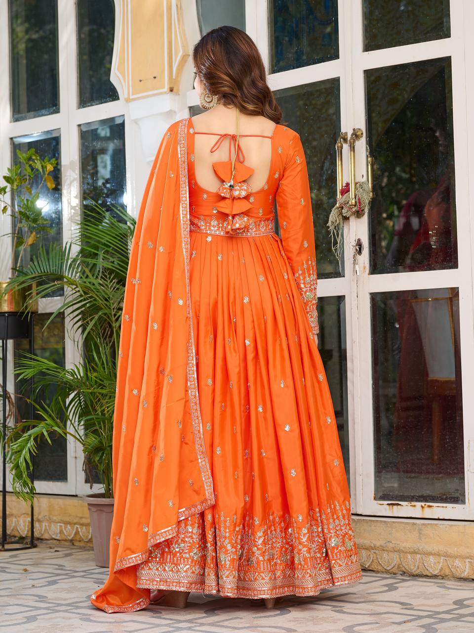 Women's American Silk Embroidered Gown Set with Pant and Dupatta