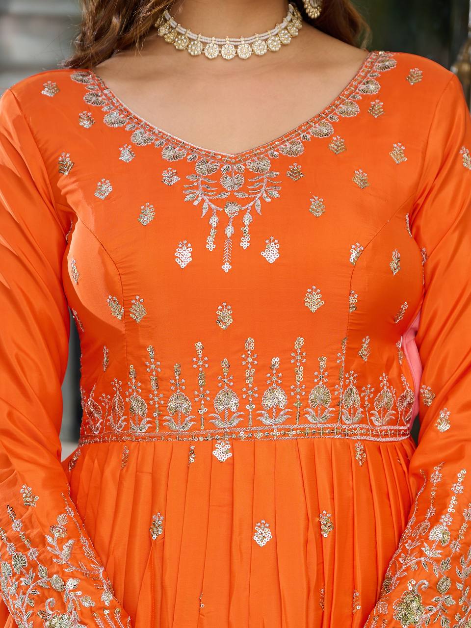 Women's American Silk Embroidered Gown Set with Pant and Dupatta