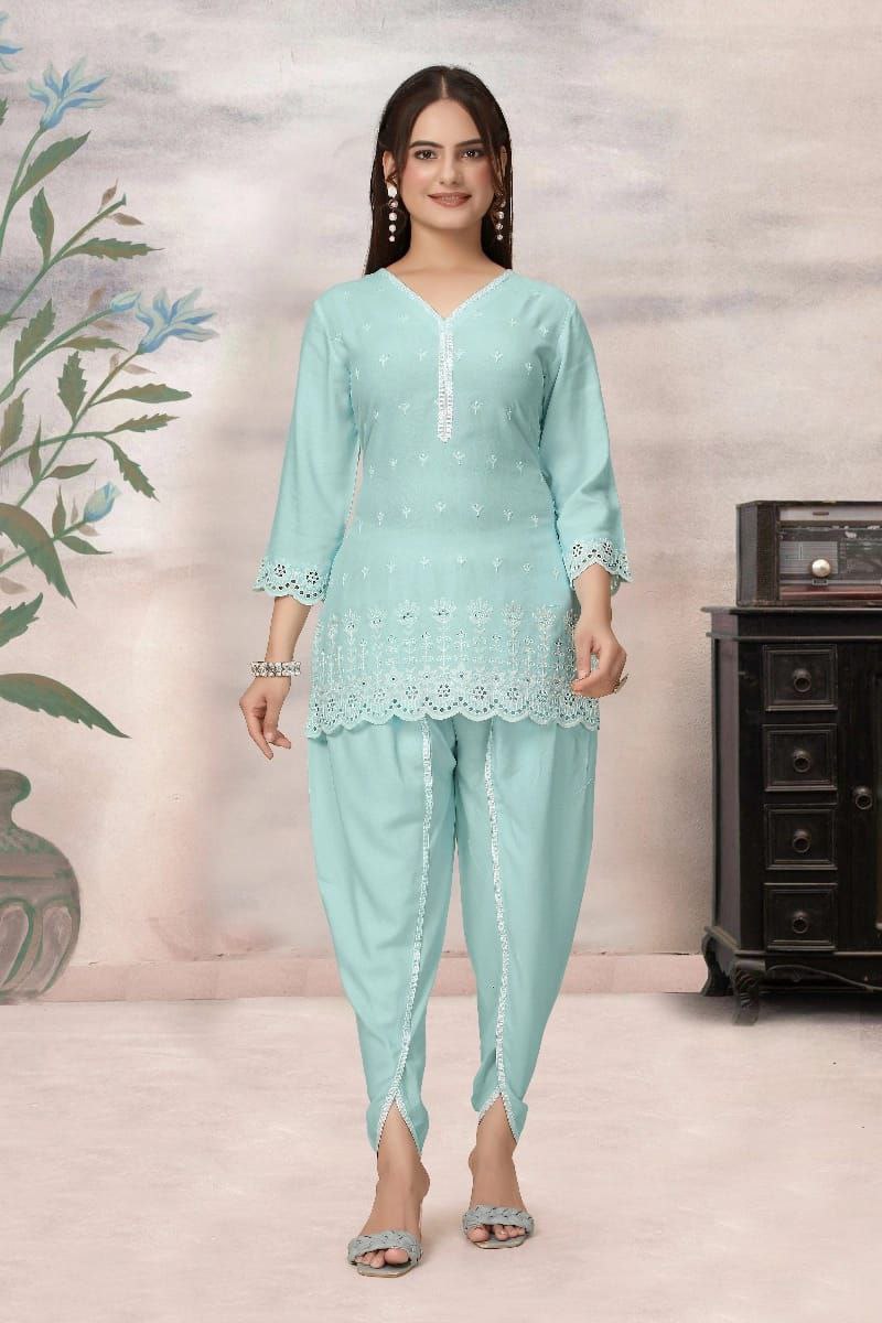 Sky Blue Embroidered Pure Viscose Rayon Co-Ord Set