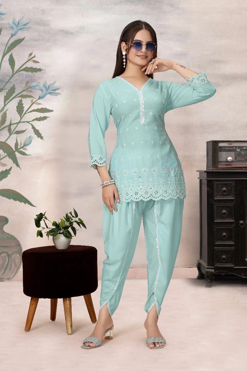 Sky Blue Embroidered Pure Viscose Rayon Co-Ord Set