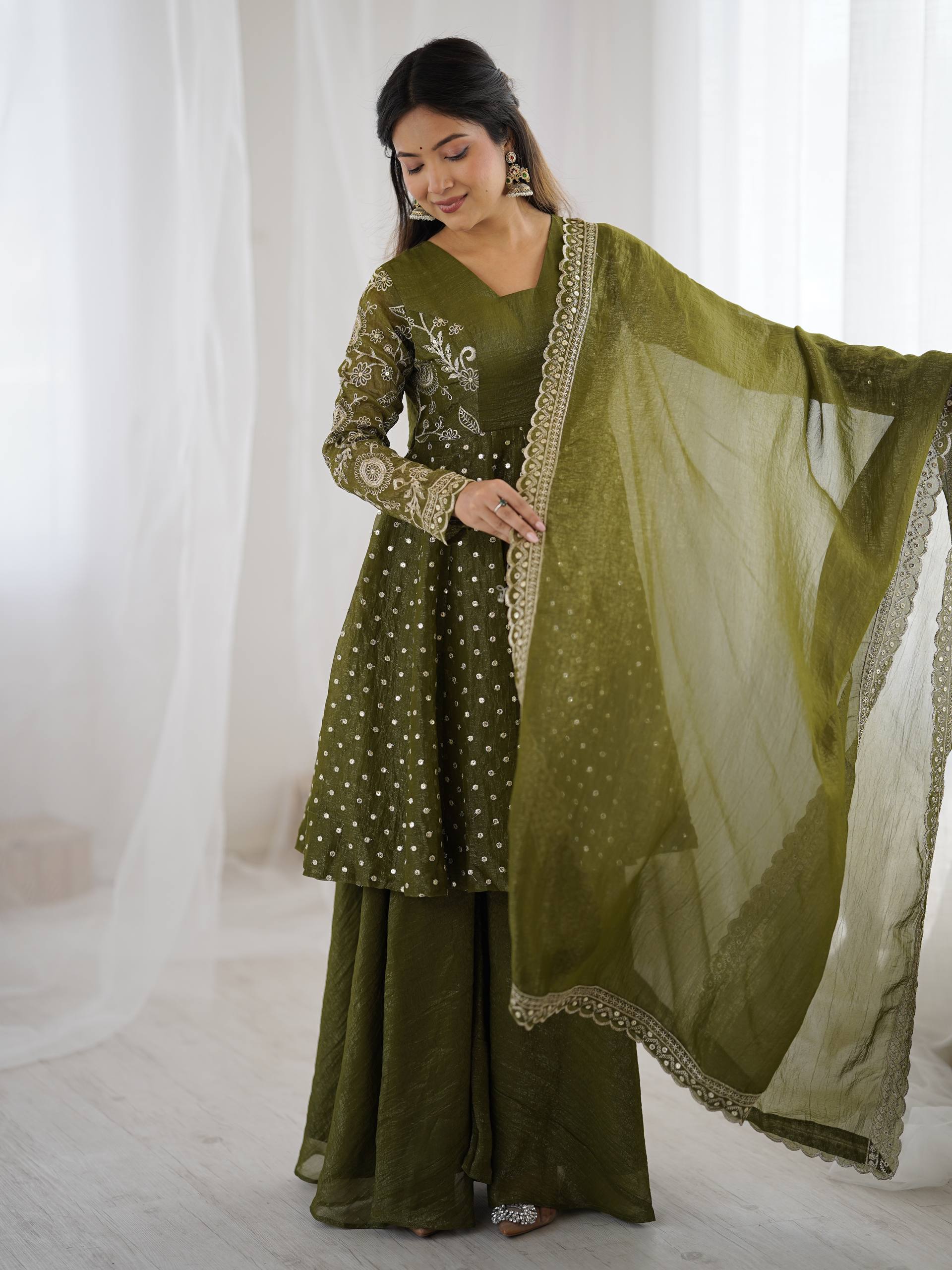 Women's Crunchy Silk Embroidered Sharara Palazzo Set with Dupatta