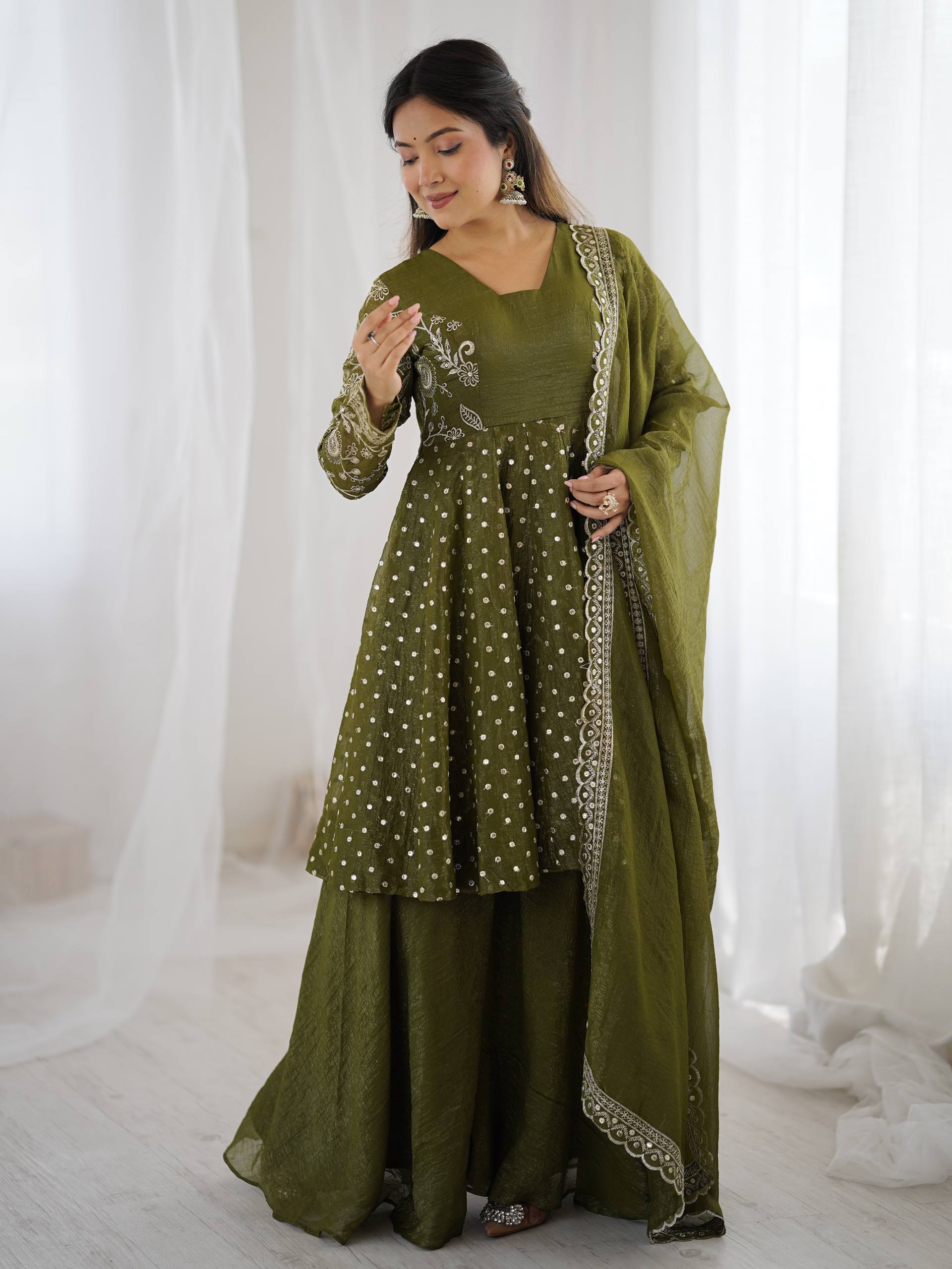 Women's Crunchy Silk Embroidered Sharara Palazzo Set with Dupatta