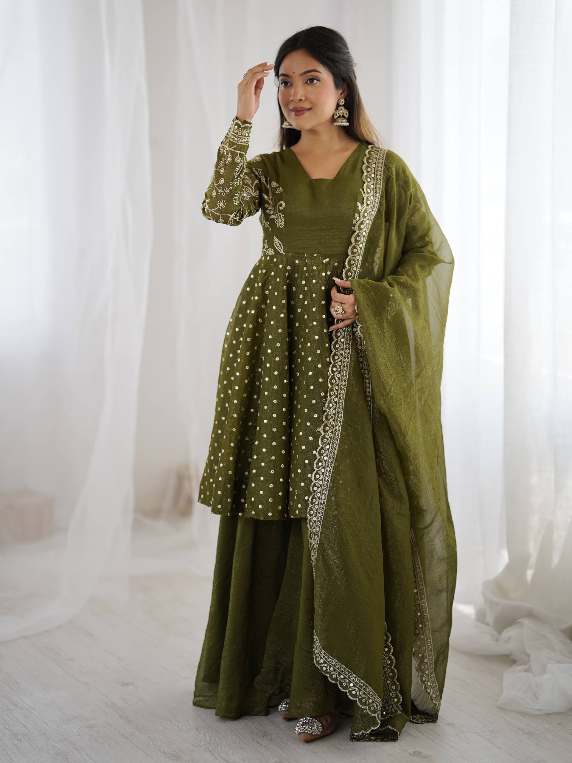 Women's Crunchy Silk Embroidered Sharara Palazzo Set with Dupatta