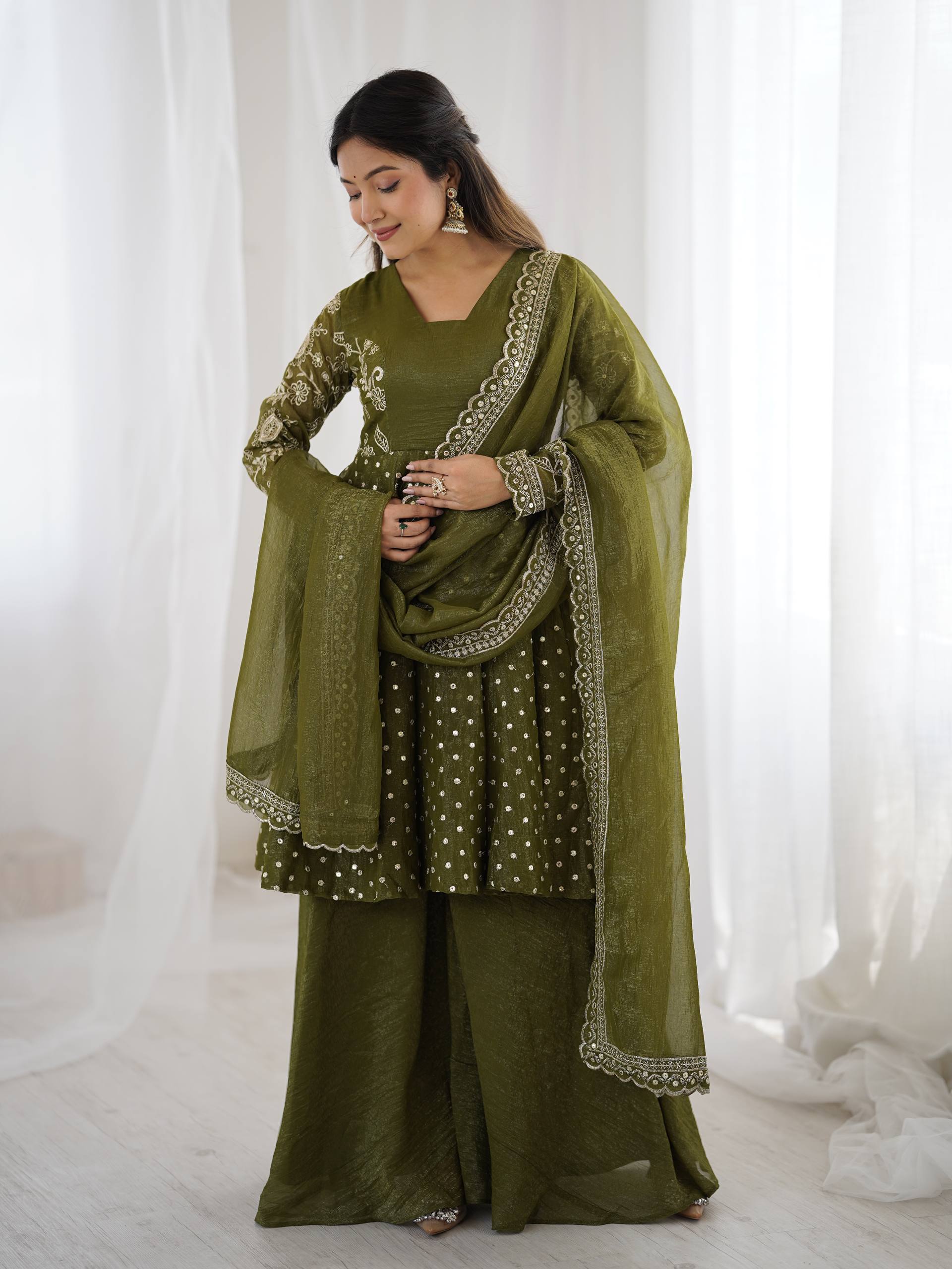 Women's Crunchy Silk Embroidered Sharara Palazzo Set with Dupatta