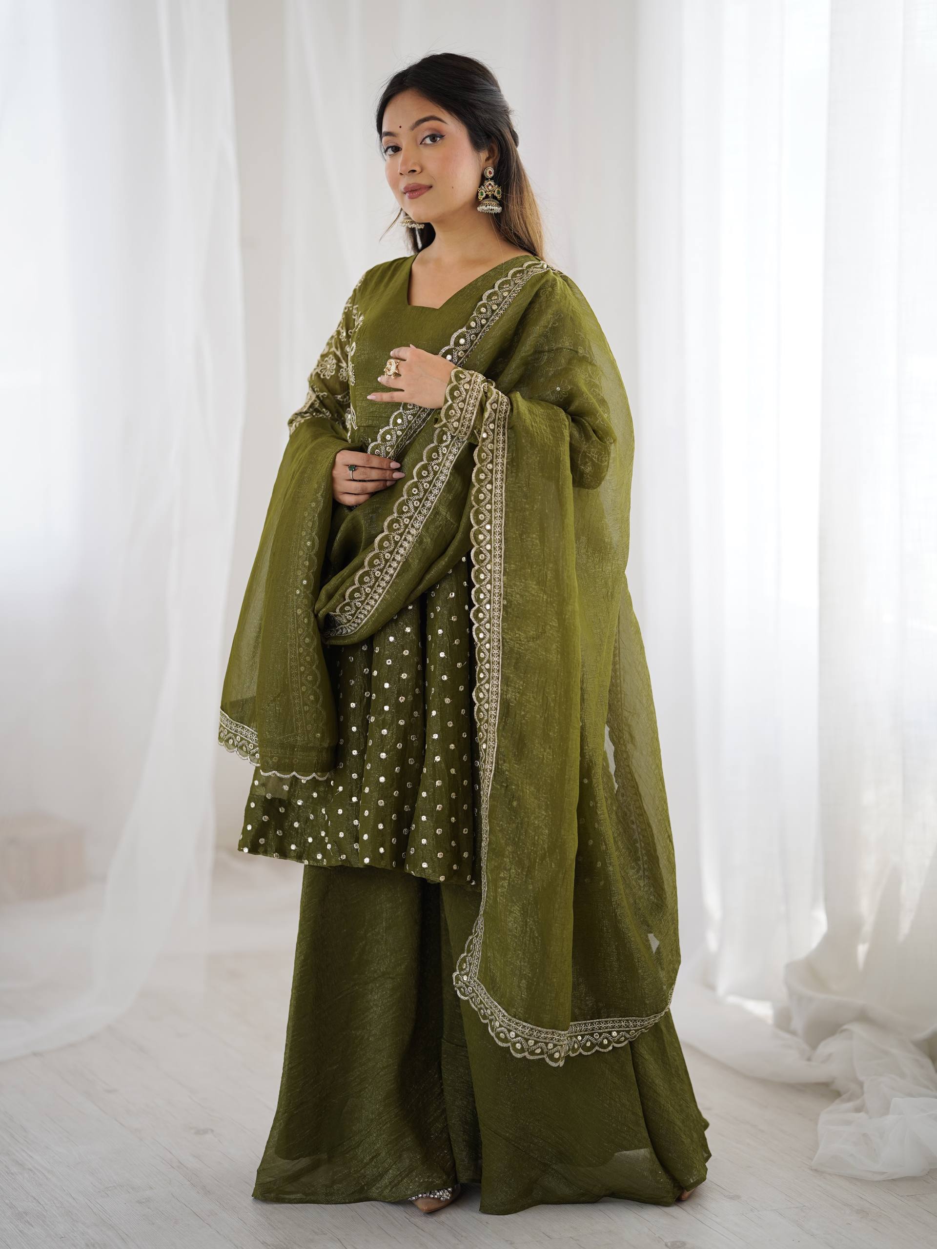 Women's Crunchy Silk Embroidered Sharara Palazzo Set with Dupatta