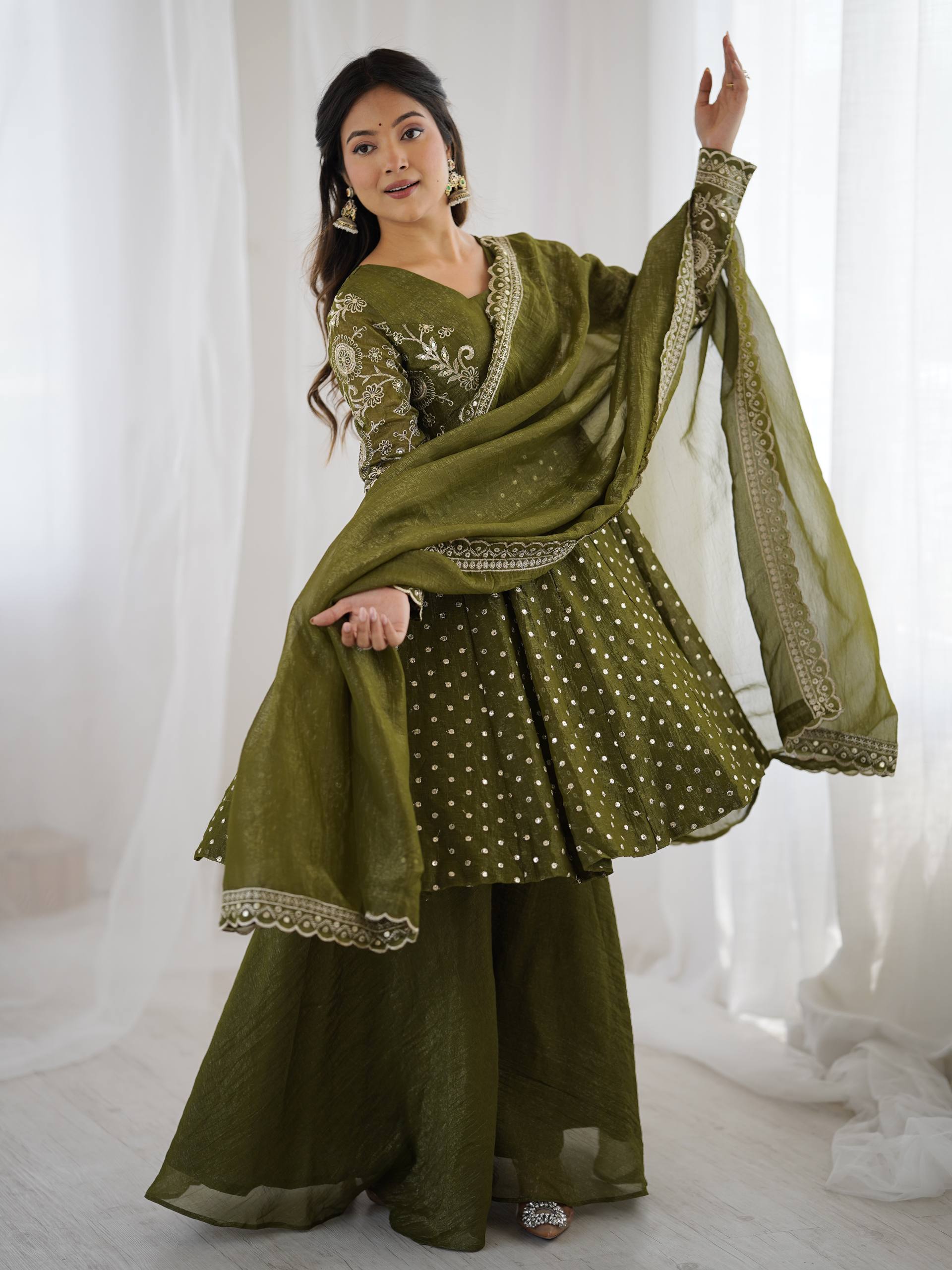 Women's Crunchy Silk Embroidered Sharara Palazzo Set with Dupatta