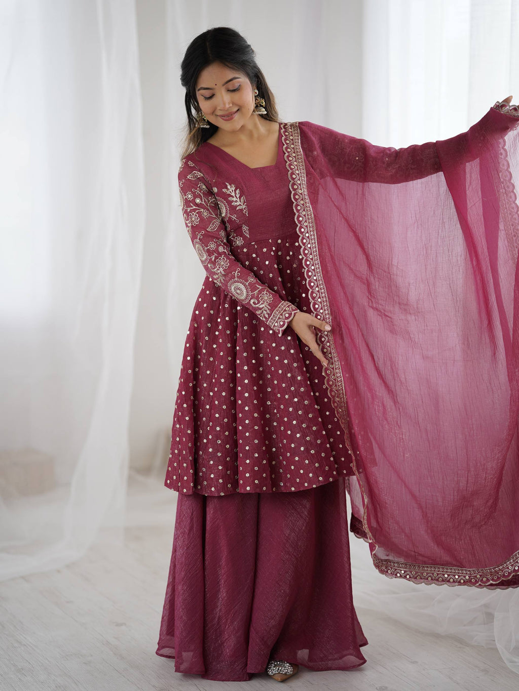 Women's Crunchy Silk Embroidered Sharara Palazzo Suit Set with Dupatta