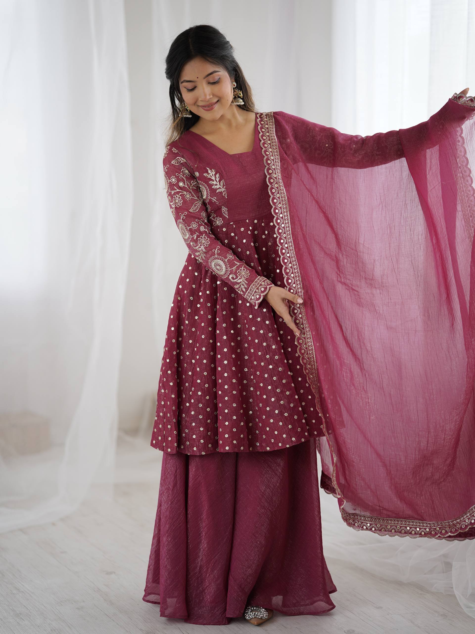 Women's Crunchy Silk Embroidered Sharara Palazzo Suit Set with Dupatta