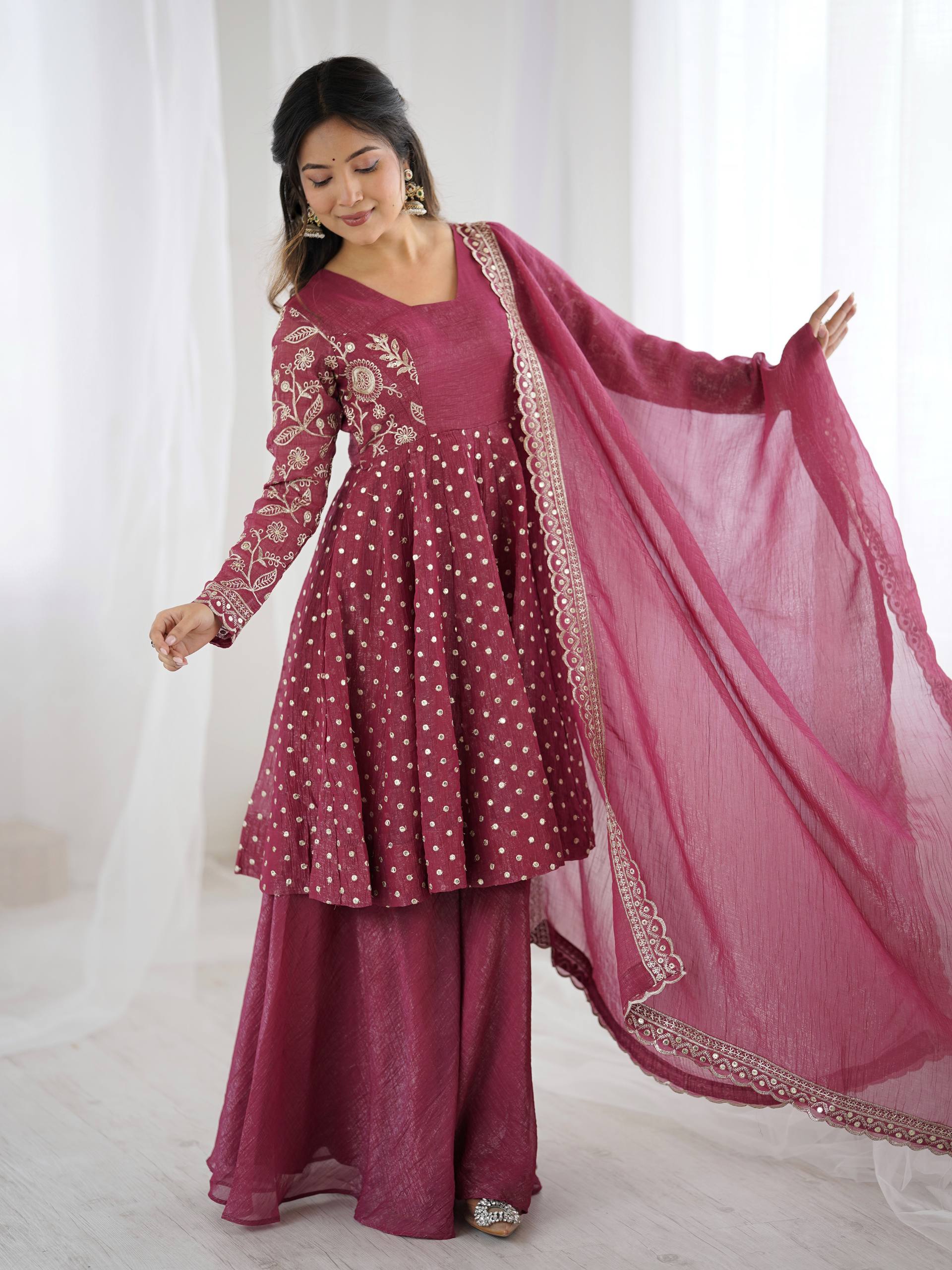 Women's Crunchy Silk Embroidered Sharara Palazzo Suit Set with Dupatta