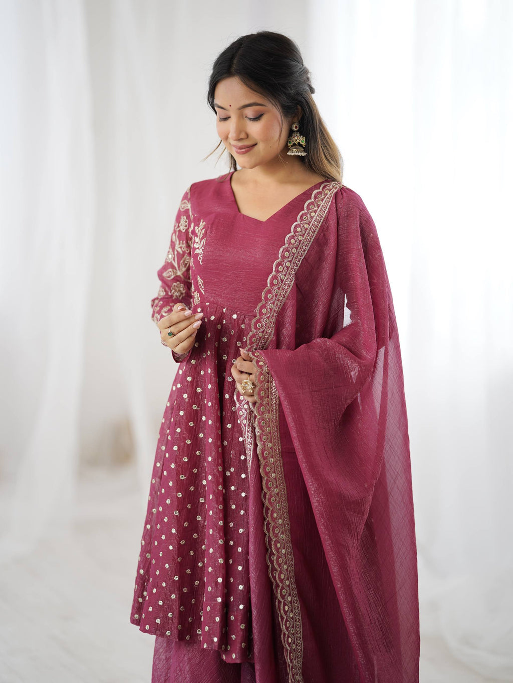 Women's Crunchy Silk Embroidered Sharara Palazzo Suit Set with Dupatta