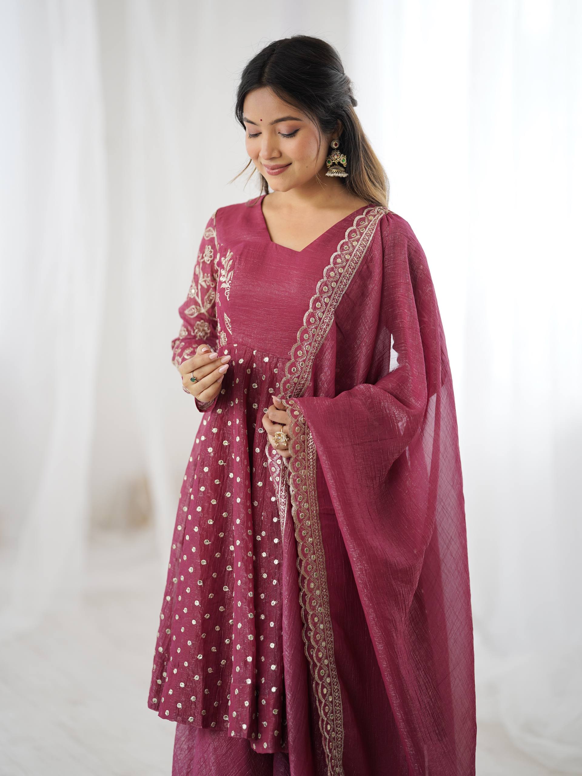 Women's Crunchy Silk Embroidered Sharara Palazzo Suit Set with Dupatta