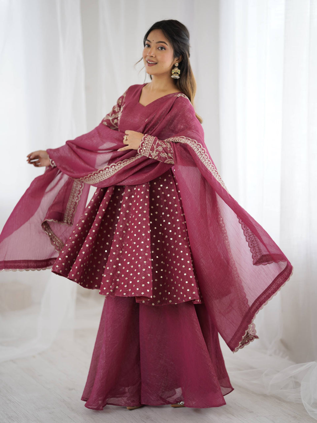 Women's Crunchy Silk Embroidered Sharara Palazzo Suit Set with Dupatta