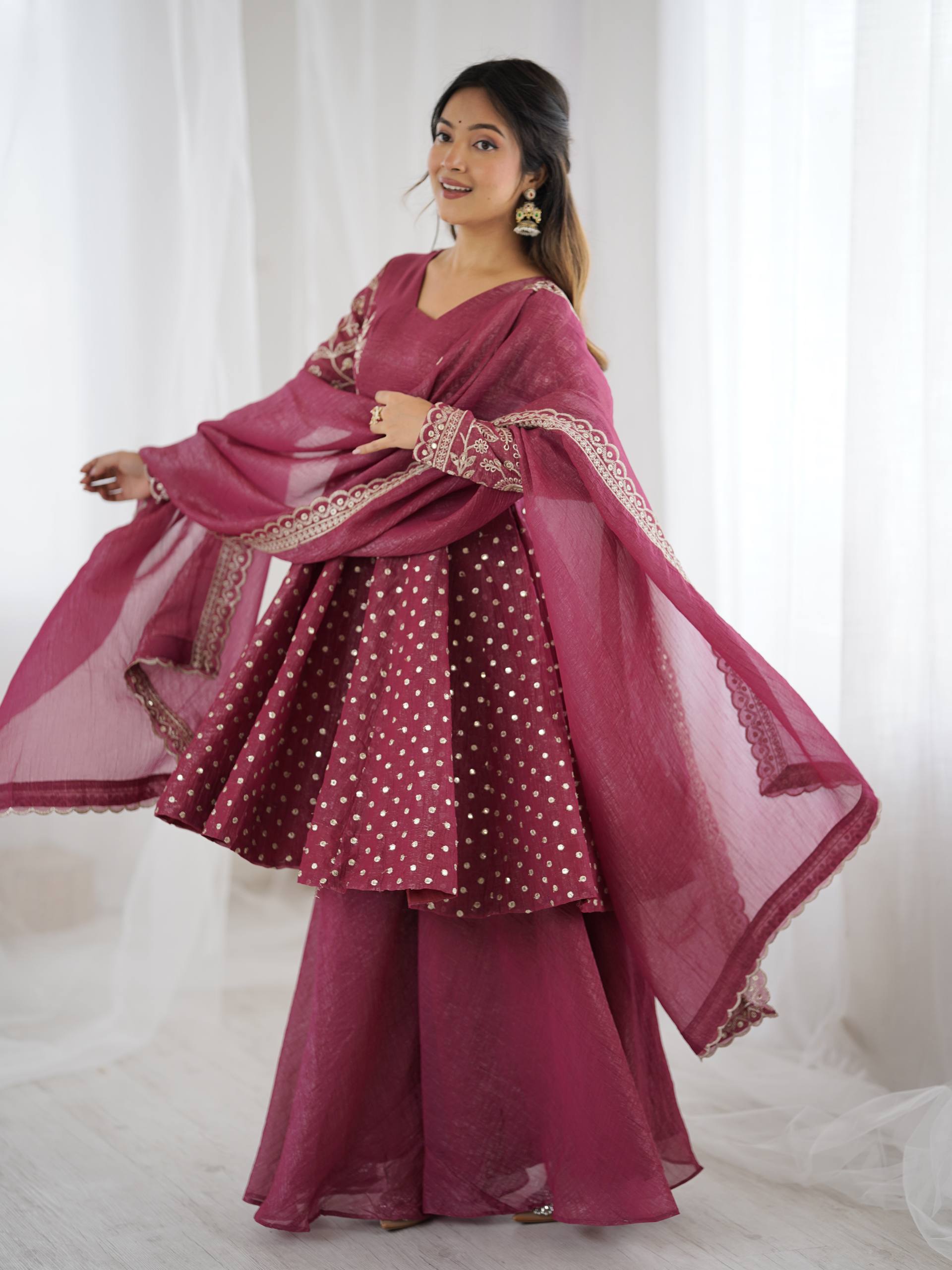 Women's Crunchy Silk Embroidered Sharara Palazzo Suit Set with Dupatta