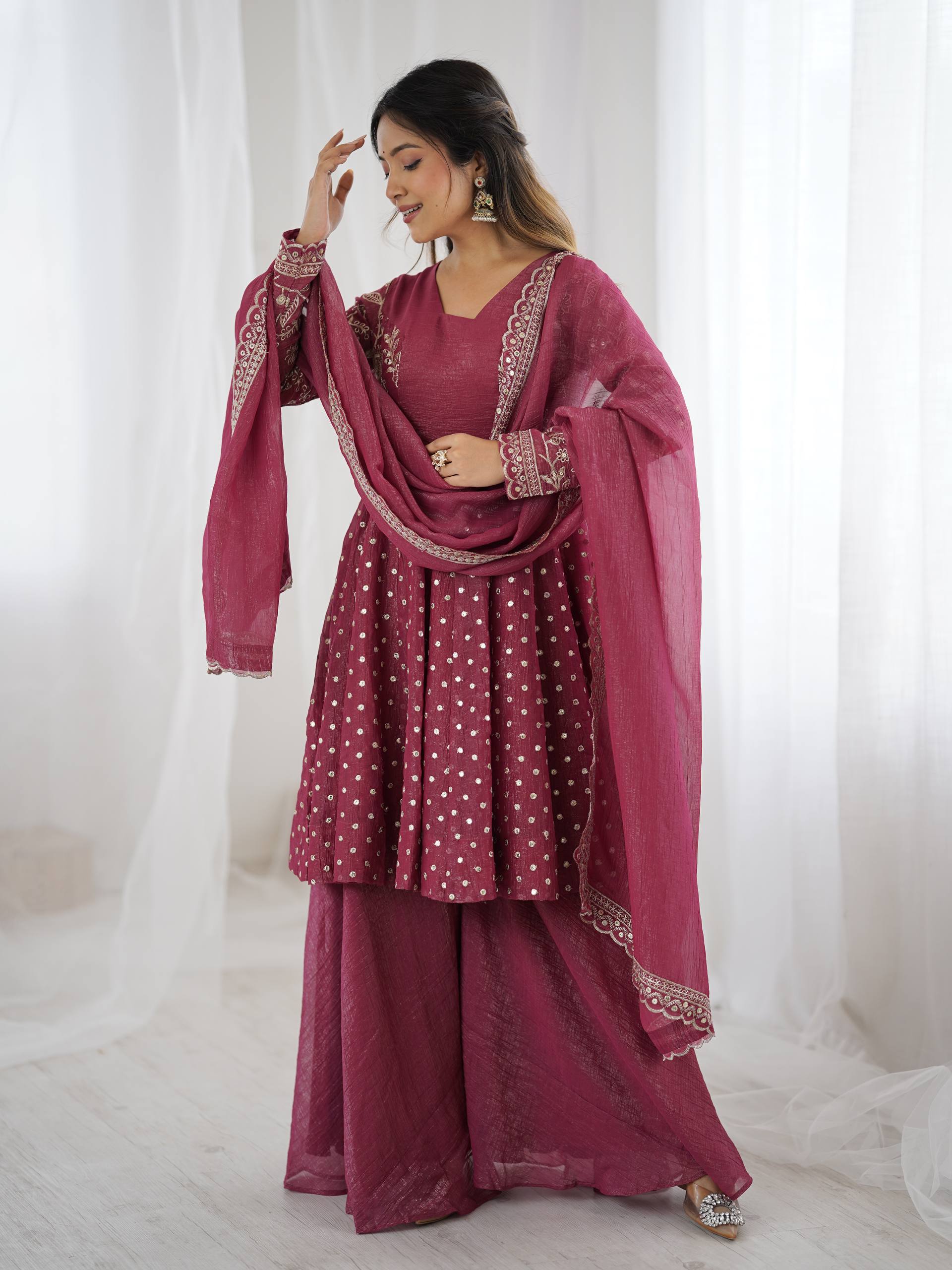 Women's Crunchy Silk Embroidered Sharara Palazzo Suit Set with Dupatta