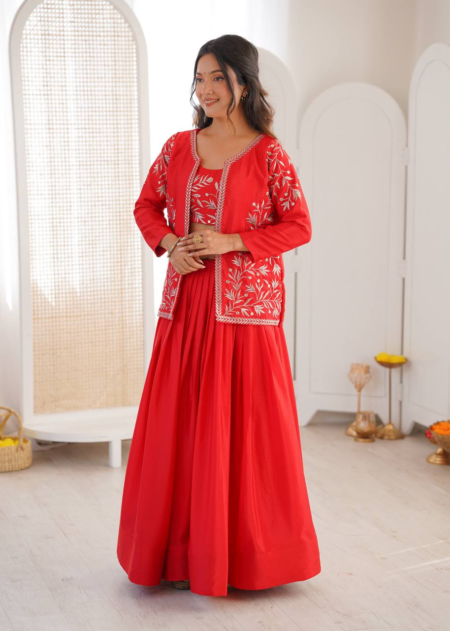 Women's Chinon Silk Lehenga Choli Set with Embroidered Koti