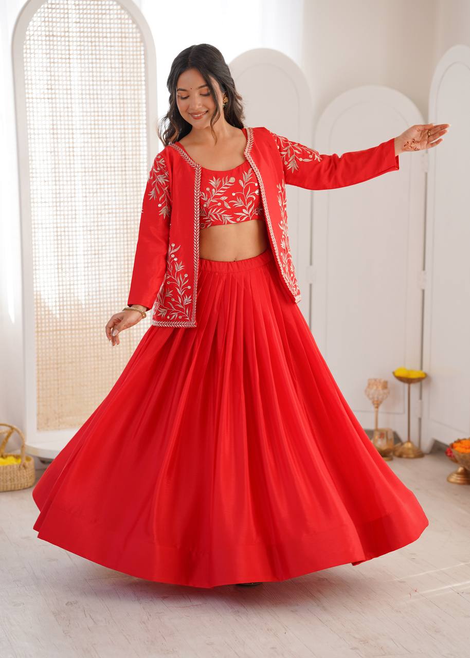 Women's Chinon Silk Lehenga Choli Set with Embroidered Koti