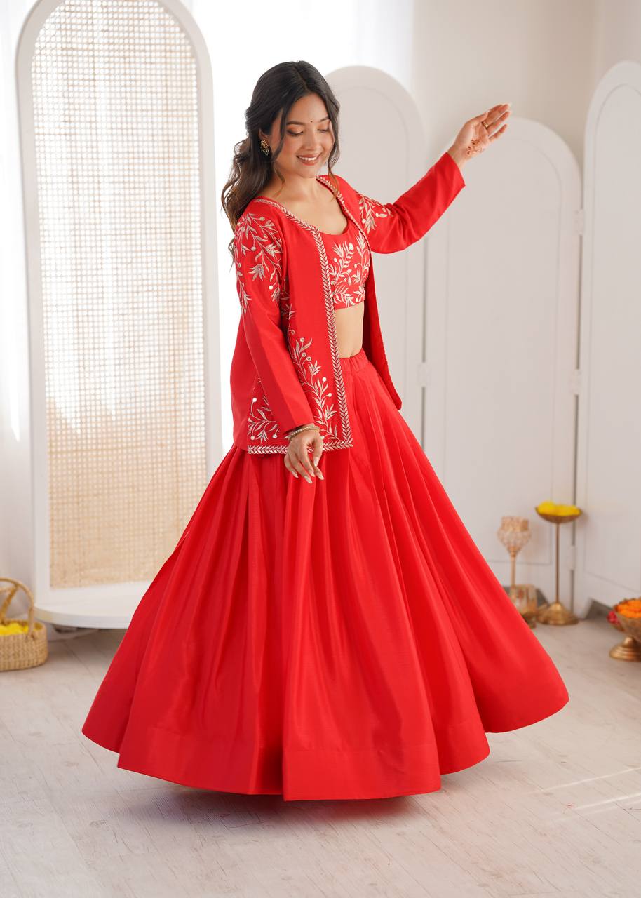Women's Chinon Silk Lehenga Choli Set with Embroidered Koti