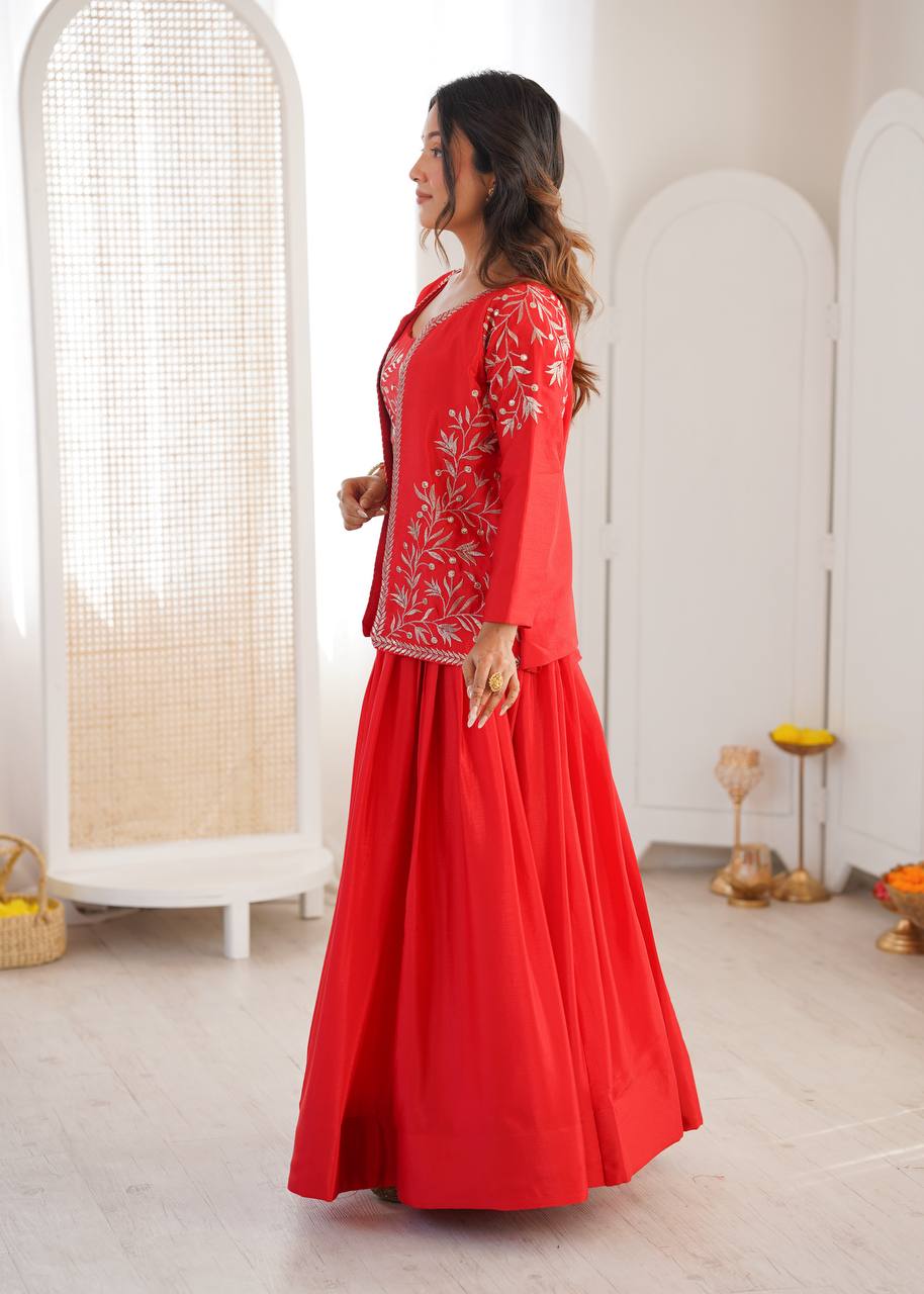 Women's Chinon Silk Lehenga Choli Set with Embroidered Koti