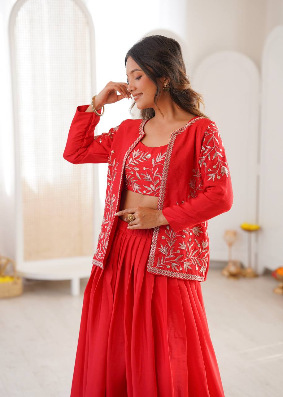 Women's Chinon Silk Lehenga Choli Set with Embroidered Koti
