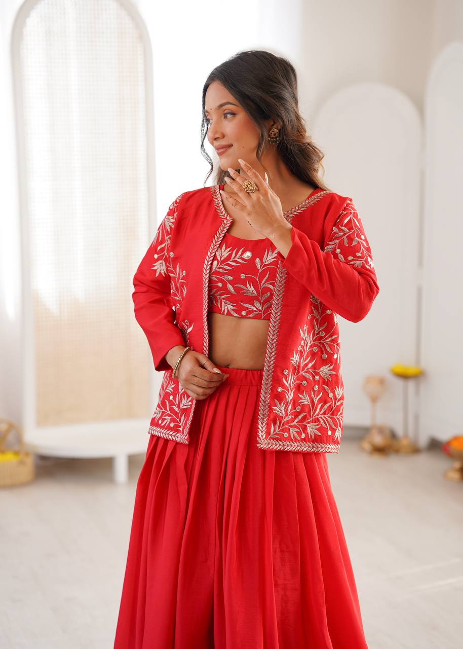 Women's Chinon Silk Lehenga Choli Set with Embroidered Koti
