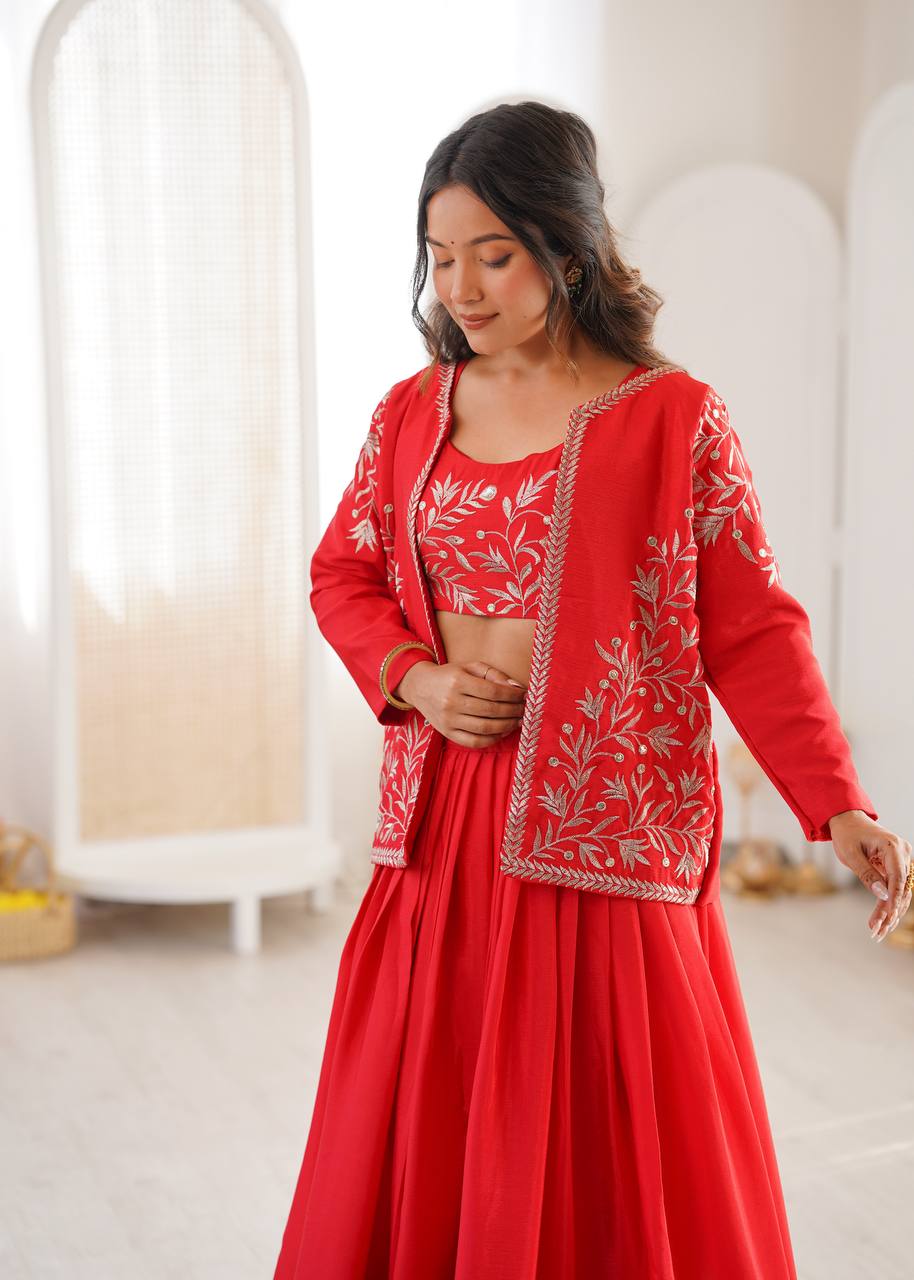 Women's Chinon Silk Lehenga Choli Set with Embroidered Koti