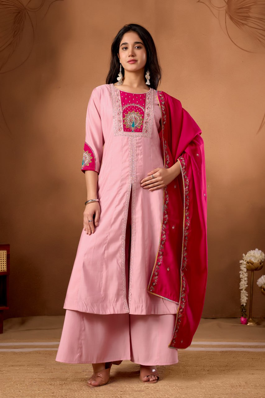 Women's Roman Silk Anarkali Kurti Palazzo Dupatta Set with Heavy Embroidery Work