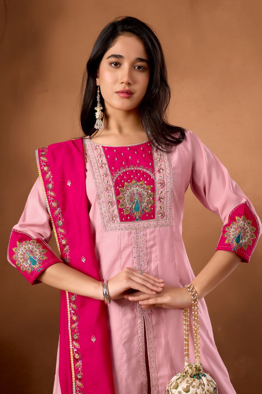 Women's Roman Silk Anarkali Kurti Palazzo Dupatta Set with Heavy Embroidery Work