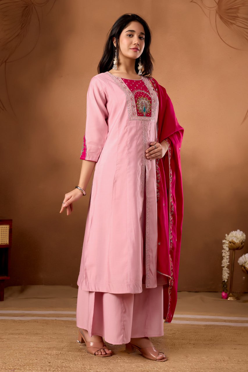 Women's Roman Silk Anarkali Kurti Palazzo Dupatta Set with Heavy Embroidery Work