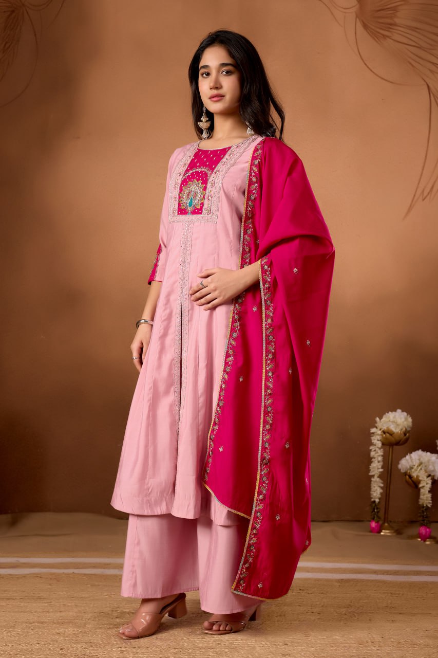 Women's Roman Silk Anarkali Kurti Palazzo Dupatta Set with Heavy Embroidery Work