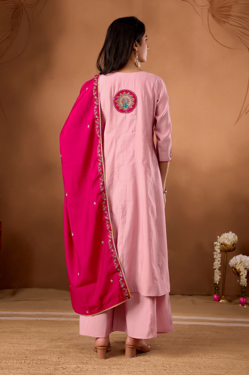 Women's Roman Silk Anarkali Kurti Palazzo Dupatta Set with Heavy Embroidery Work