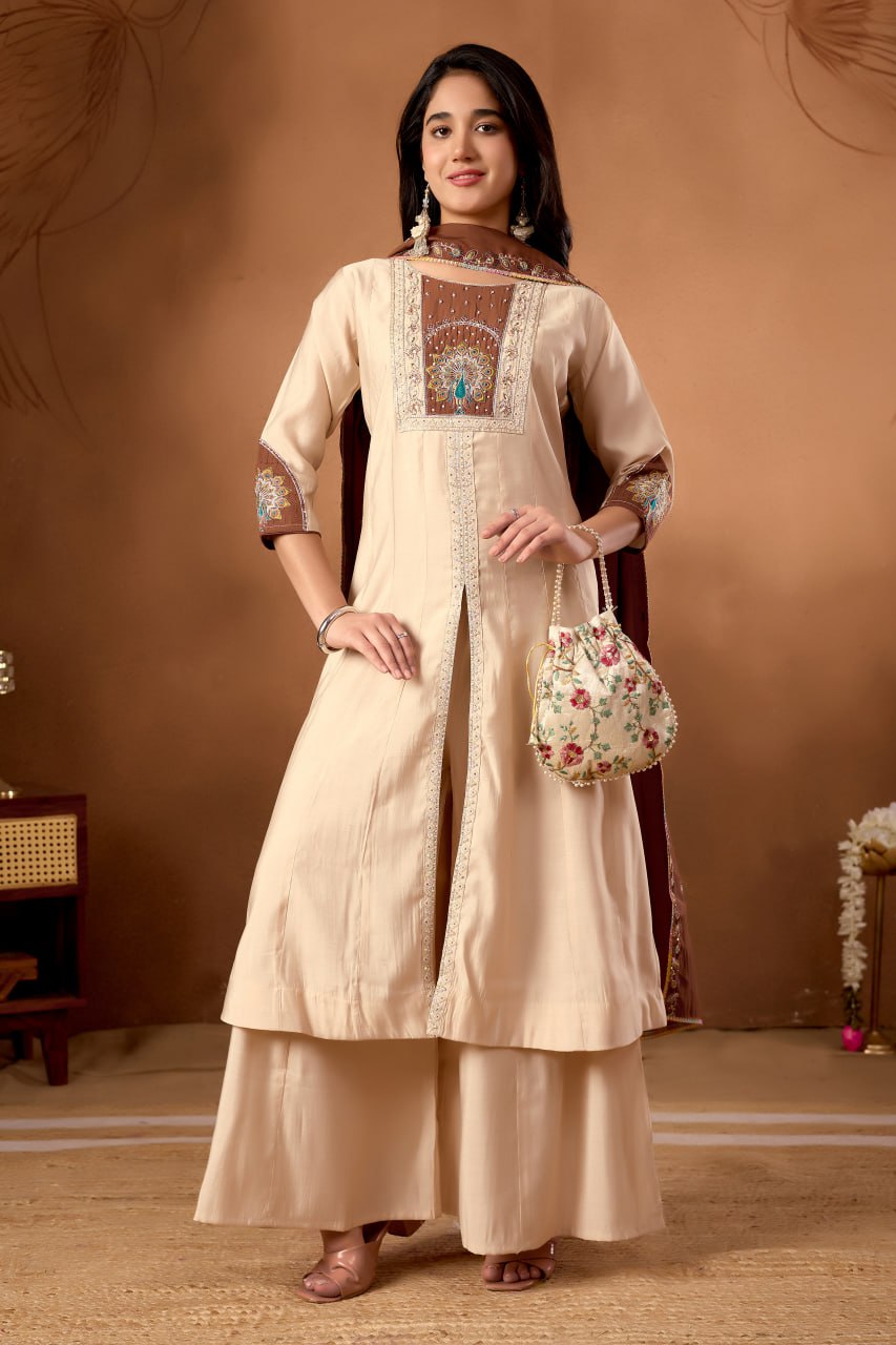 Women's Roman Silk Anarkali Kurti Palazzo Dupatta Set with Heavy Embroidery Work