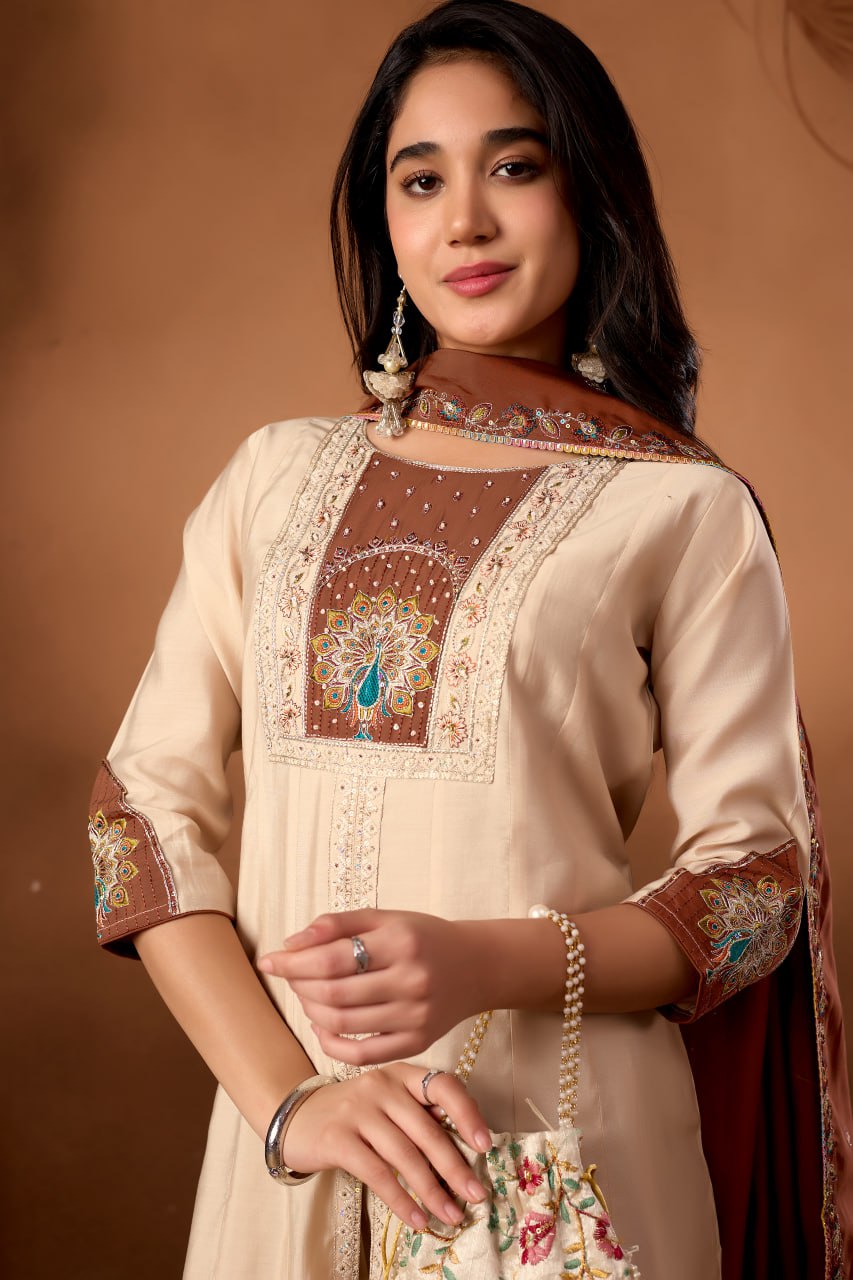 Women's Roman Silk Anarkali Kurti Palazzo Dupatta Set with Heavy Embroidery Work