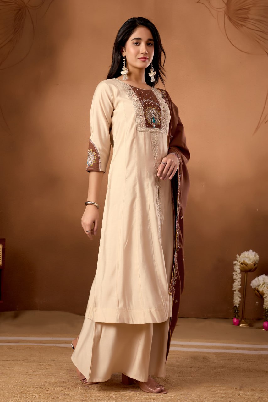 Women's Roman Silk Anarkali Kurti Palazzo Dupatta Set with Heavy Embroidery Work