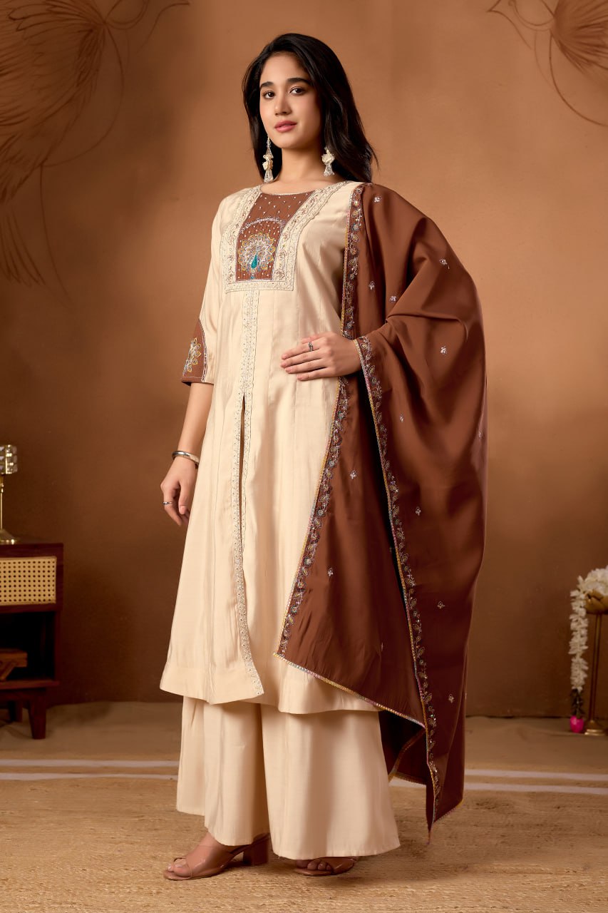 Women's Roman Silk Anarkali Kurti Palazzo Dupatta Set with Heavy Embroidery Work