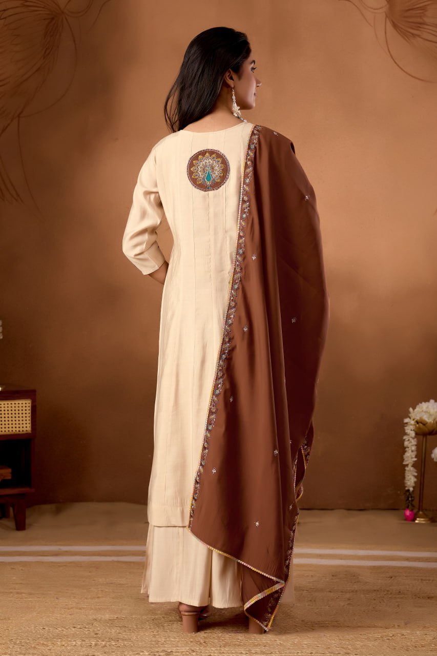 Women's Roman Silk Anarkali Kurti Palazzo Dupatta Set with Heavy Embroidery Work