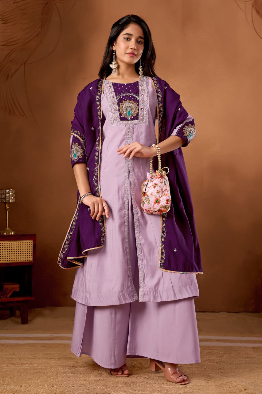 Women's Roman Silk Anarkali Kurti Palazzo Dupatta Set with Heavy Embroidery Work
