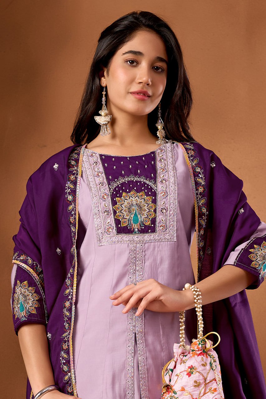 Women's Roman Silk Anarkali Kurti Palazzo Dupatta Set with Heavy Embroidery Work