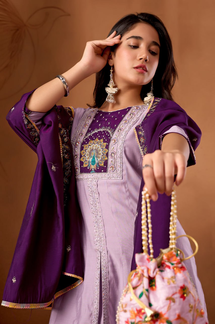 Women's Roman Silk Anarkali Kurti Palazzo Dupatta Set with Heavy Embroidery Work