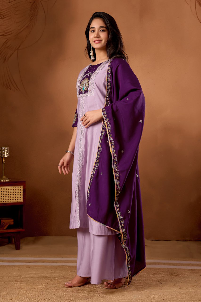 Women's Roman Silk Anarkali Kurti Palazzo Dupatta Set with Heavy Embroidery Work