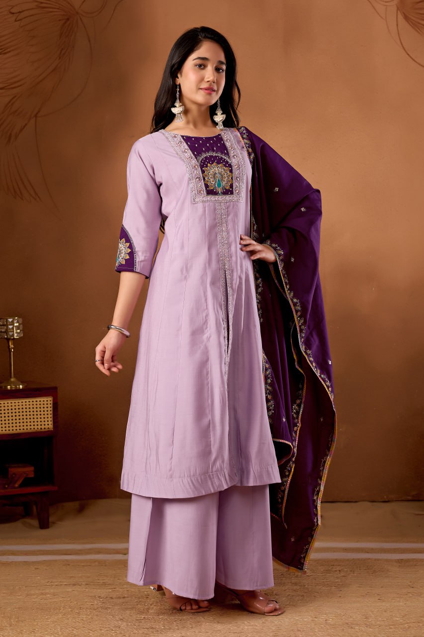 Women's Roman Silk Anarkali Kurti Palazzo Dupatta Set with Heavy Embroidery Work