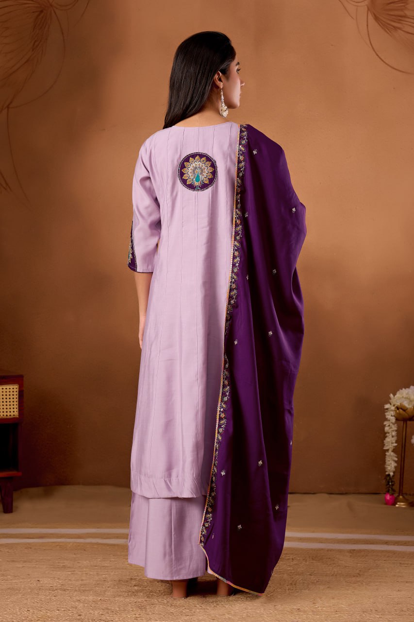 Women's Roman Silk Anarkali Kurti Palazzo Dupatta Set with Heavy Embroidery Work