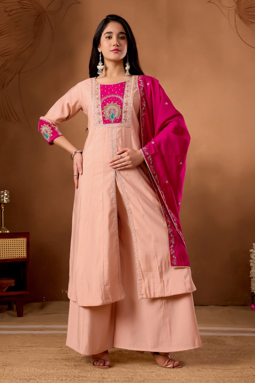 Women's Roman Silk Anarkali Kurti Palazzo Dupatta Set with Heavy Embroidery Work
