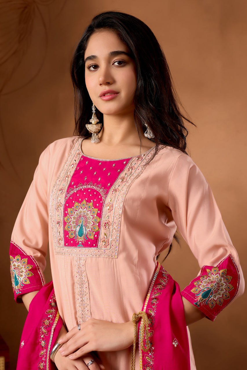 Women's Roman Silk Anarkali Kurti Palazzo Dupatta Set with Heavy Embroidery Work