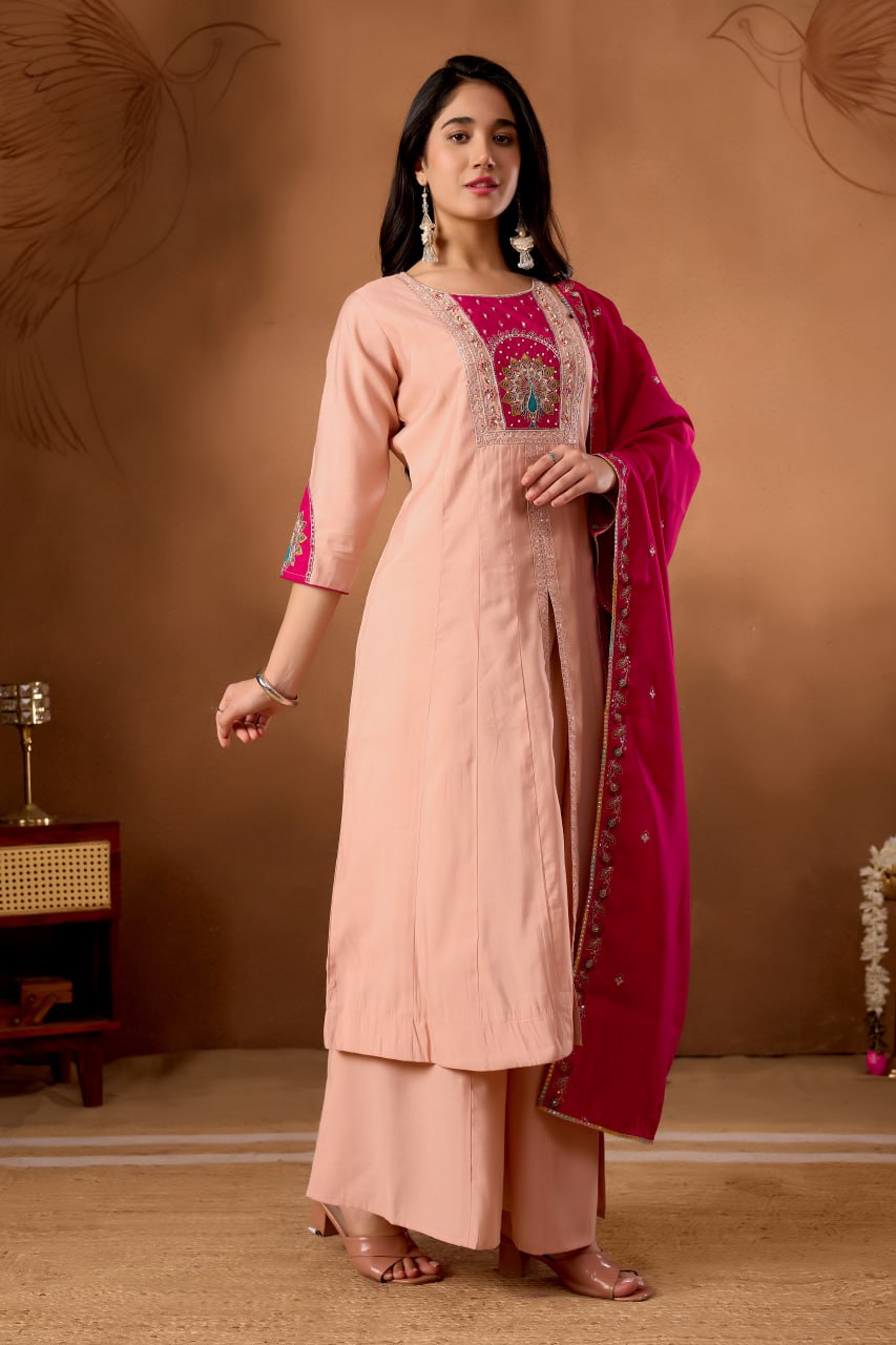 Women's Roman Silk Anarkali Kurti Palazzo Dupatta Set with Heavy Embroidery Work