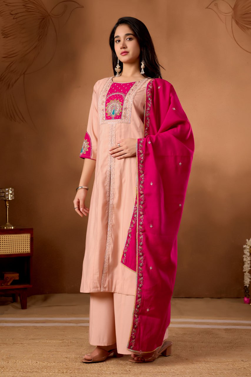Women's Roman Silk Anarkali Kurti Palazzo Dupatta Set with Heavy Embroidery Work