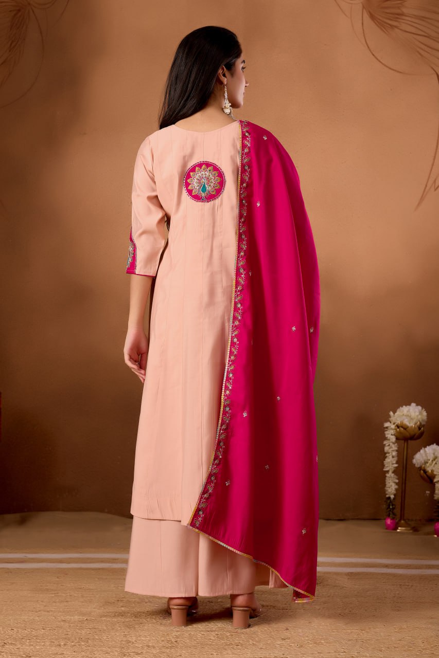 Women's Roman Silk Anarkali Kurti Palazzo Dupatta Set with Heavy Embroidery Work