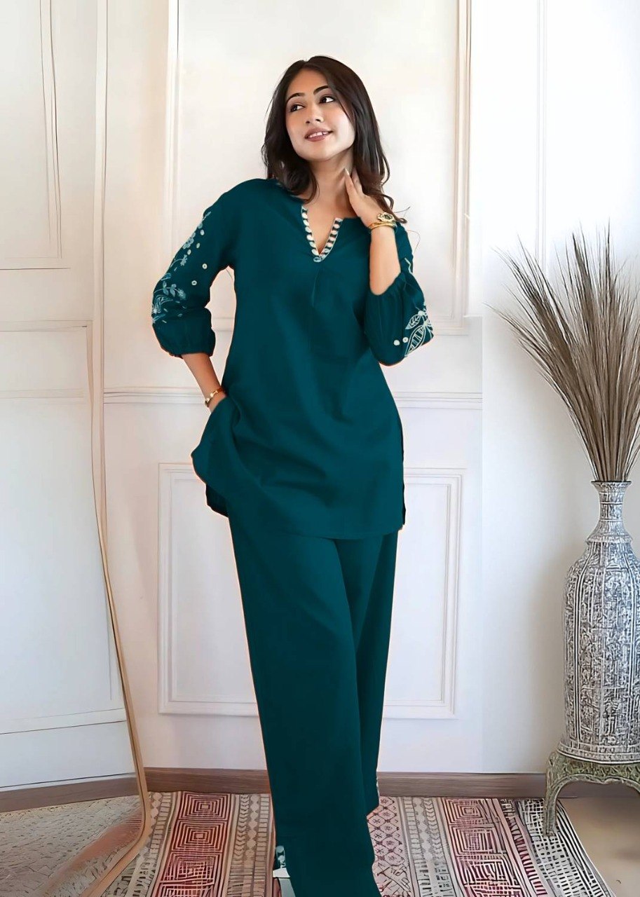 Women's Embroidered Viscose Rayon Co-Ord Set with Magic Slub Bottom