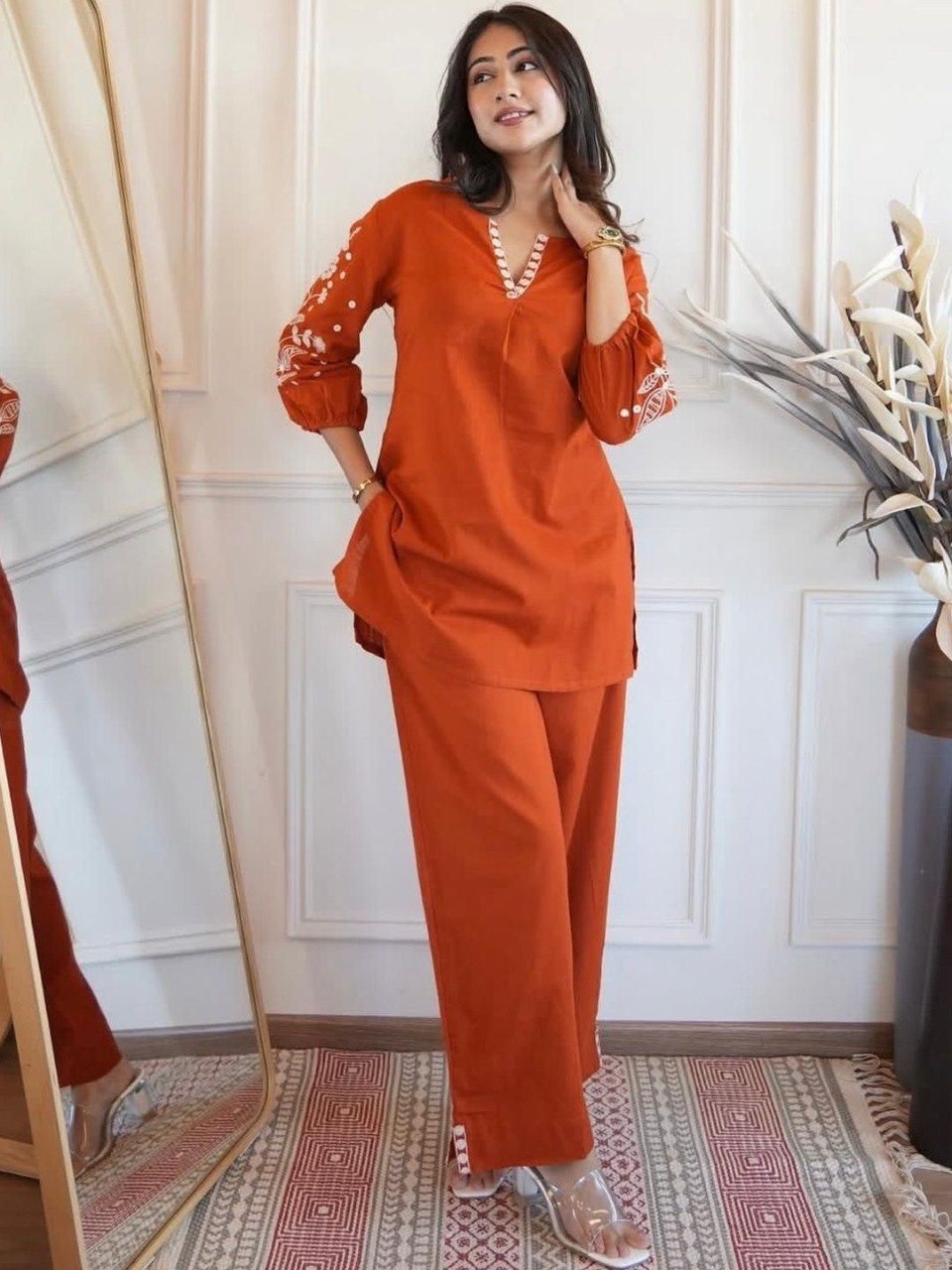 Women's Embroidered Viscose Rayon Co-Ord Set with Magic Slub Bottom
